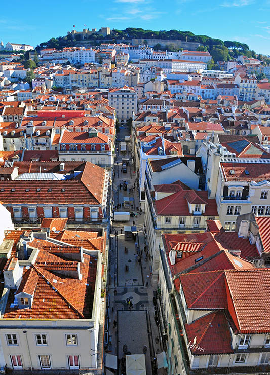 View of the Baixa district of Lisbon with Castelo São Jorge in the distance.