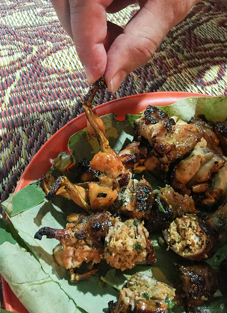 Sausage-stuffed frog from the Road 60 night market in Siem Reap, Cambodia - Photo by Hideaway Report editor