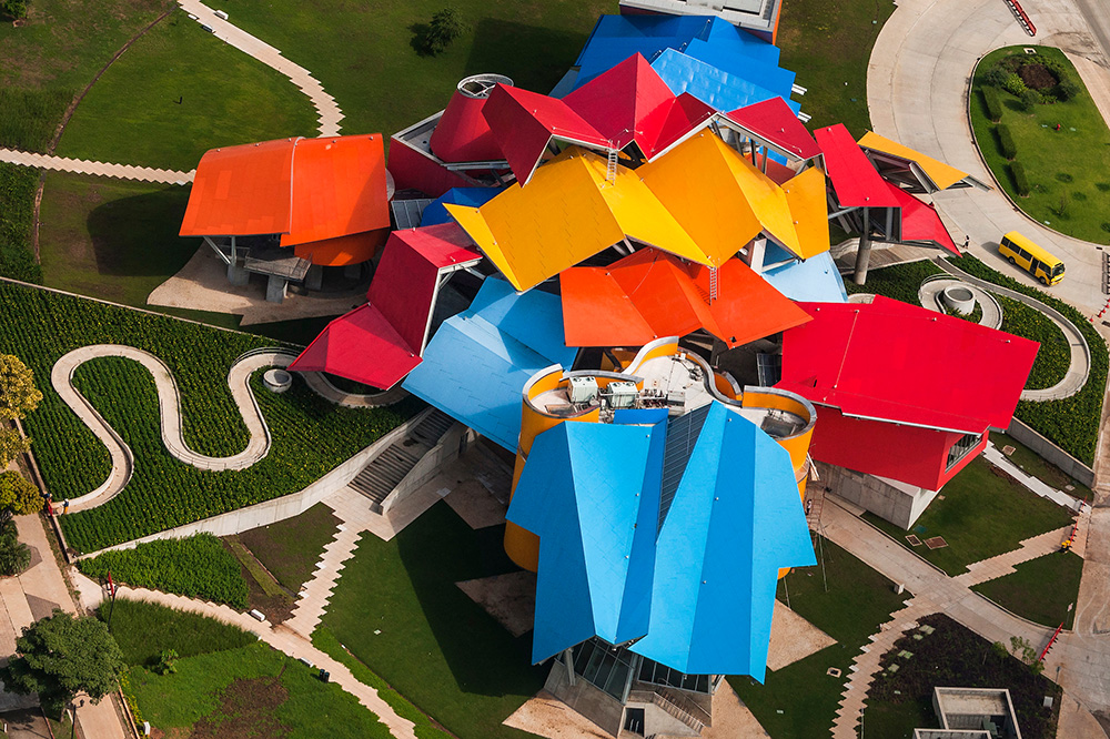 A bird's-eye view of Biomuseo's undulating and colorful roof in Panama City, Panama - Fernando Alda