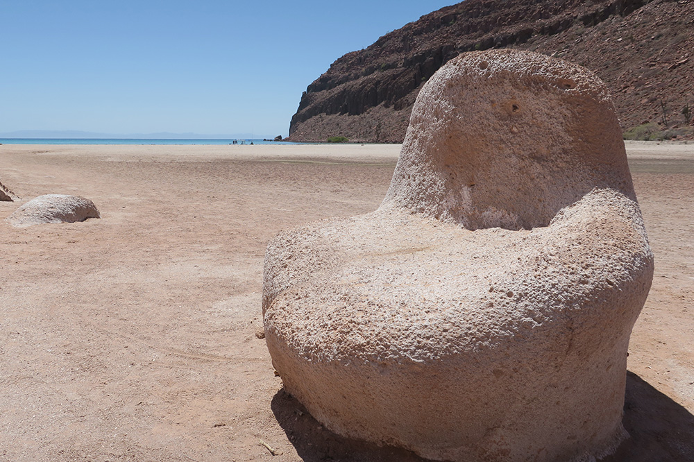 A rock shaped like a chair on the beach near the Canderelo trail on Isla Espíritu Santo near La Paz, Mexico - Photo by Hideaway Report editor