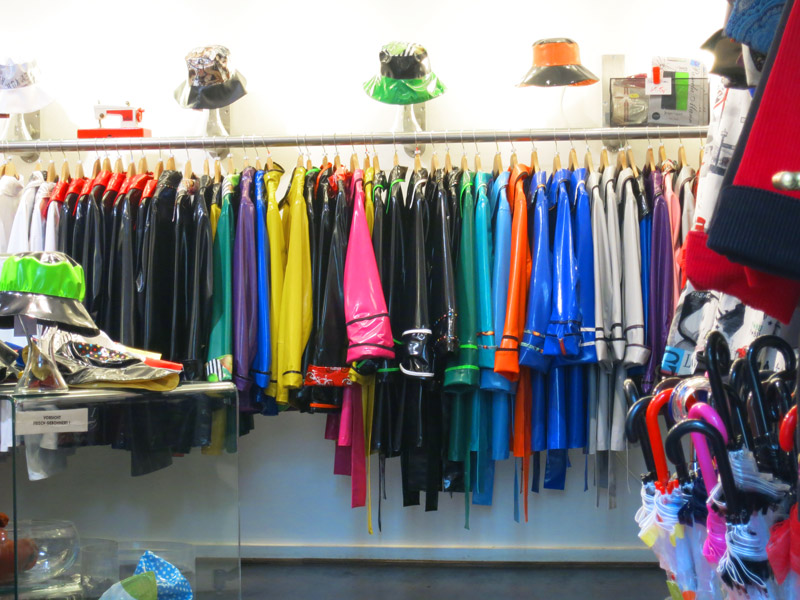 Colorful raincoats and umbrellas at Freitag Fashion - Photo by Hideaway Report editor