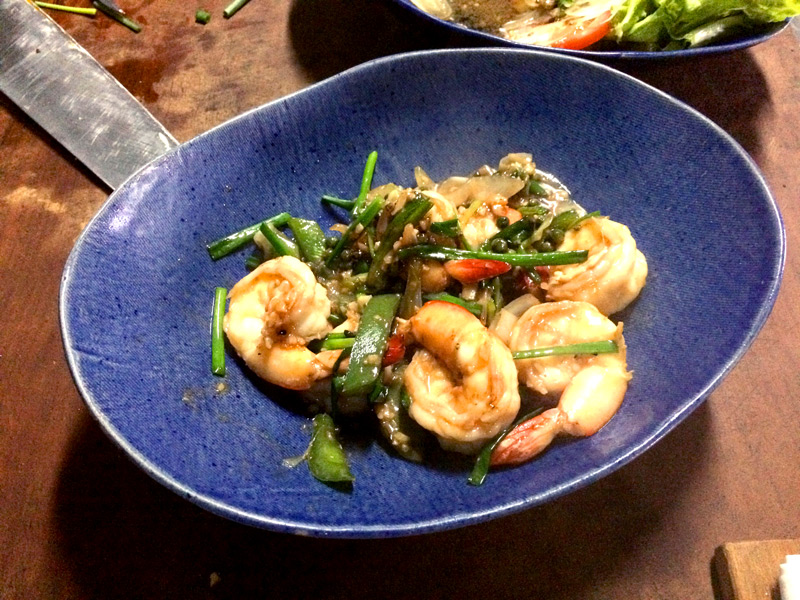 A Khmer classic, pepper prawns with garlic and green Kampot peppercorns at Song Saa - Photo by Hideaway Report editor