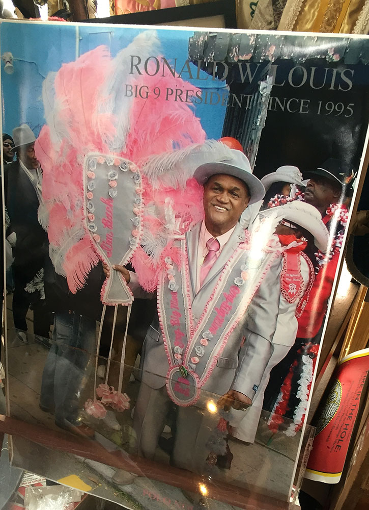 A picture of owner Ronald W. Lewis with his marching krewe, seen in the House of Dance & Feathers, in New Orleans, Louisiana - Photo by Hideaway Report editor