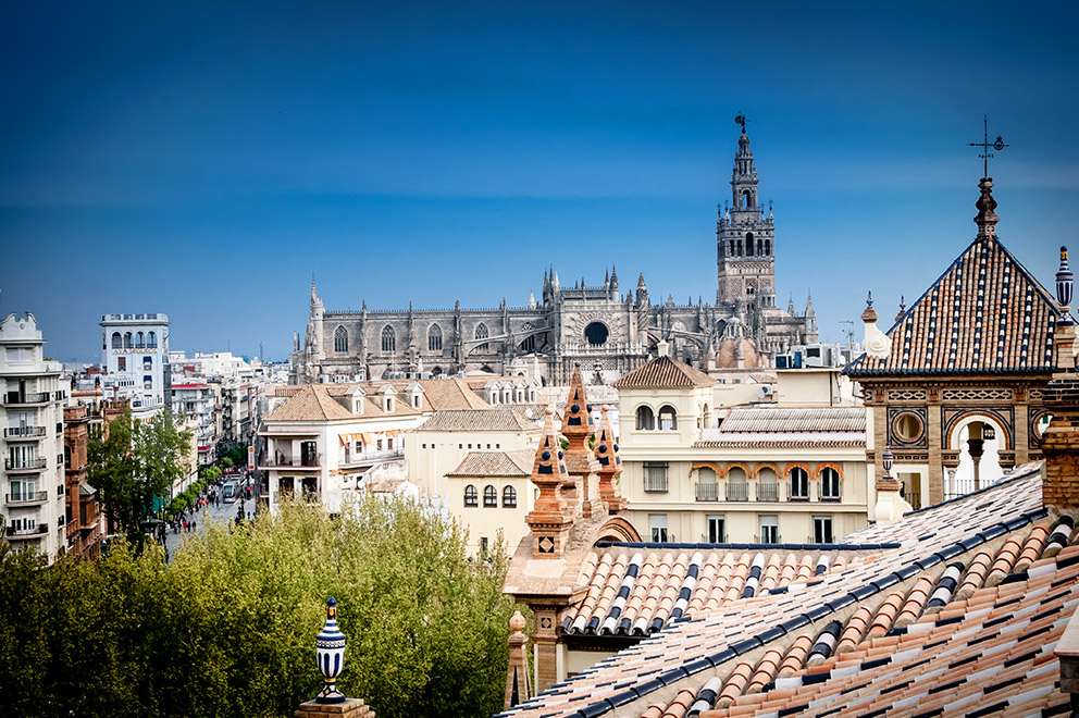 View of La Giralda from Hotel Alfonso XIII in Seville, Spain