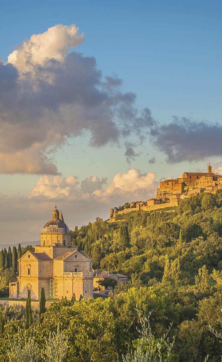 The Tuscan town of Montepulciano at sunset.